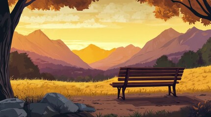 Wall Mural - A view of a bench with a view of a valley and mountains at dusk. 4K animated video