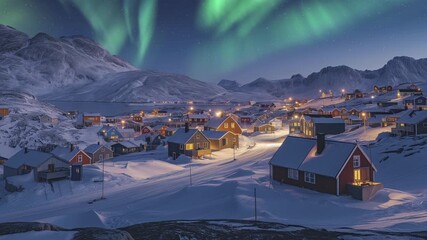 Wall Mural - Greenland Nuuk Aurora Above the City Loop Generative AI
