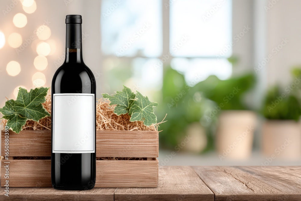 A bottle of red wine sits elegantly in a wooden crate filled with straw. Surrounding it are fresh green leaves and blurred potted plants in a softly lit indoor environment.
