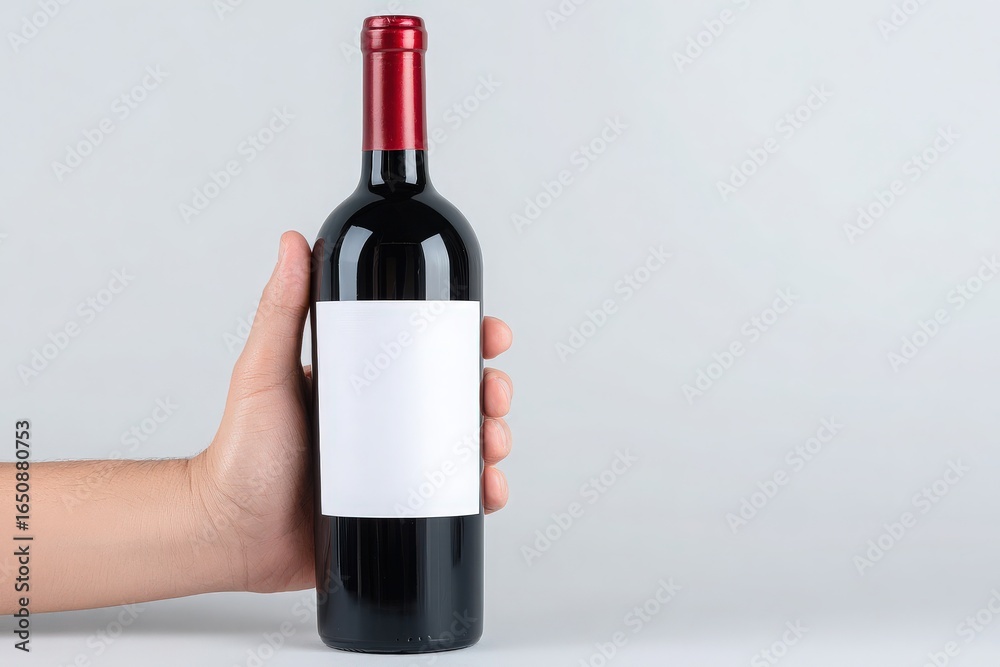A hand is gripping a dark wine bottle with a red cap. The bottle features a blank white label for customization. The background is neutral and minimalistic, enhancing focus on the bottle.