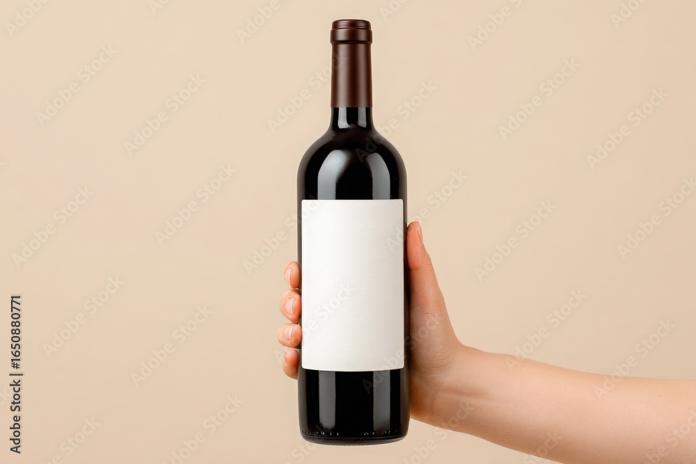 A hand presents a dark wine bottle with an empty label, showcasing its elegant shape against a soft, neutral background. The bottle stands out due to its simplicity, ready for personalization.