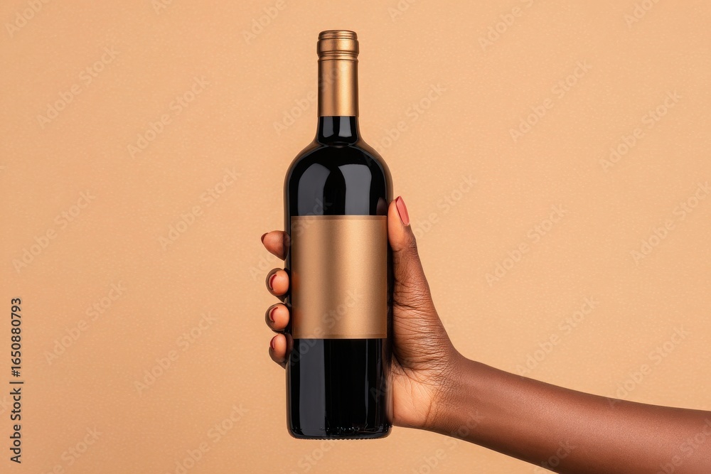 A hand of a person displays a wine bottle featuring a plain label on a warm, neutral backdrop. The image captures the sophistication of wine culture and the artistry of presentation.