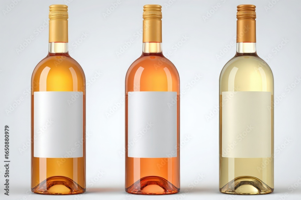 Three bottles of wine sit side by side on a clean surface, showcasing different shades of wine. Each bottle features a blank label for customization or branding.