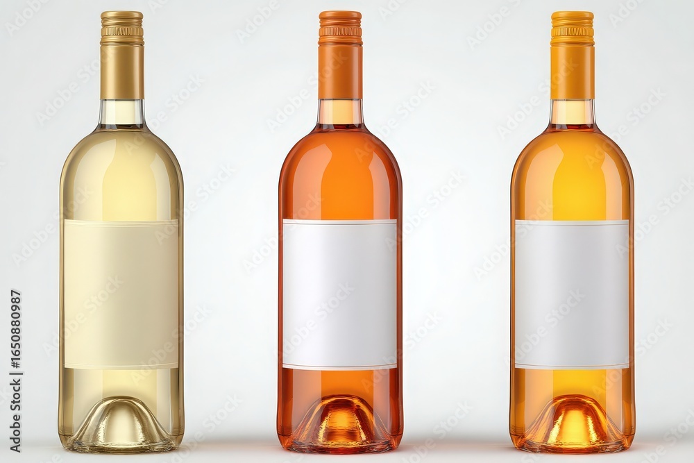 Three empty wine bottles stand in a row, showcasing distinct colors of white, rose, and orange. The backdrop is neutral, allowing the bottles to be the focal point.