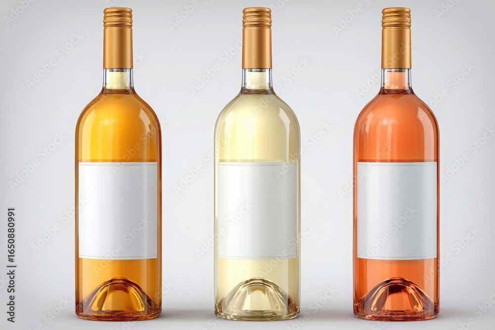 Three wine bottles with distinct colors stand side by side on a simple background. Each bottle showcases a blank label.
