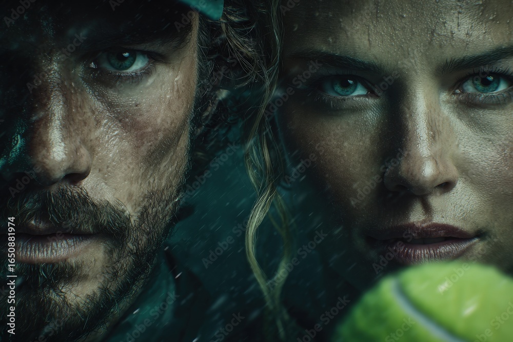 Two determined tennis players, one male and one female, gaze intensely at the viewer.