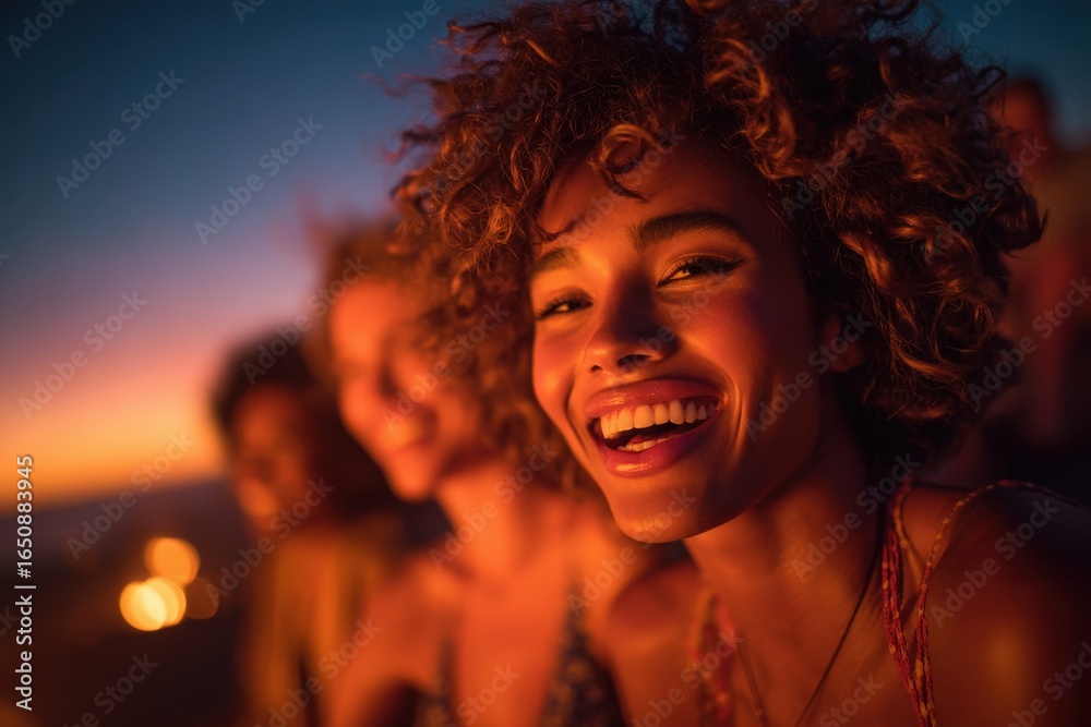 A group of friends gathers on the beach during sunset, sharing laughter and stories. The warm glow of the sun creates a vibrant atmosphere, highlighting their joyful expressions and carefree spirit.