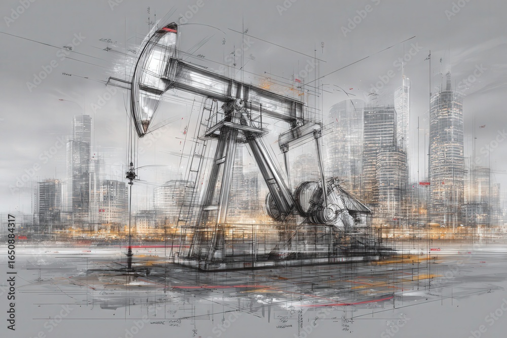 An oil pump jack operates in the foreground against a modern city skyline at dusk. The scene blends industrial activity with the backdrop of towering skyscrapers, showcasing urban development.