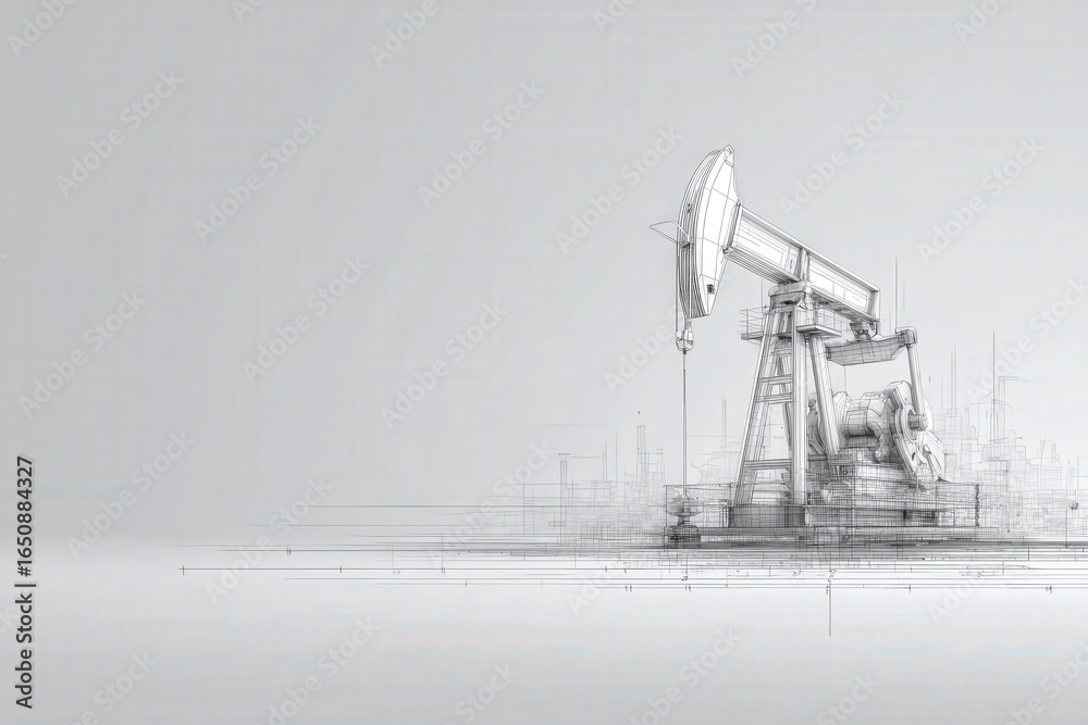 An oil pump jack is illustrated in a detailed sketch style against a subtle gray backdrop.