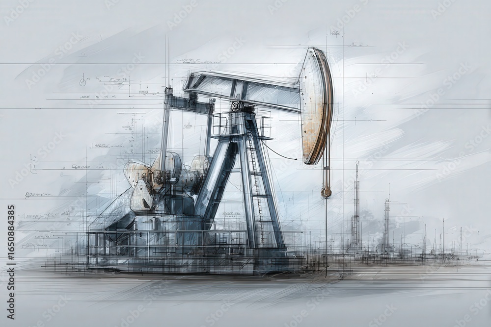 An oil pump jack is depicted in a detailed sketch, showcasing its structure and mechanics.