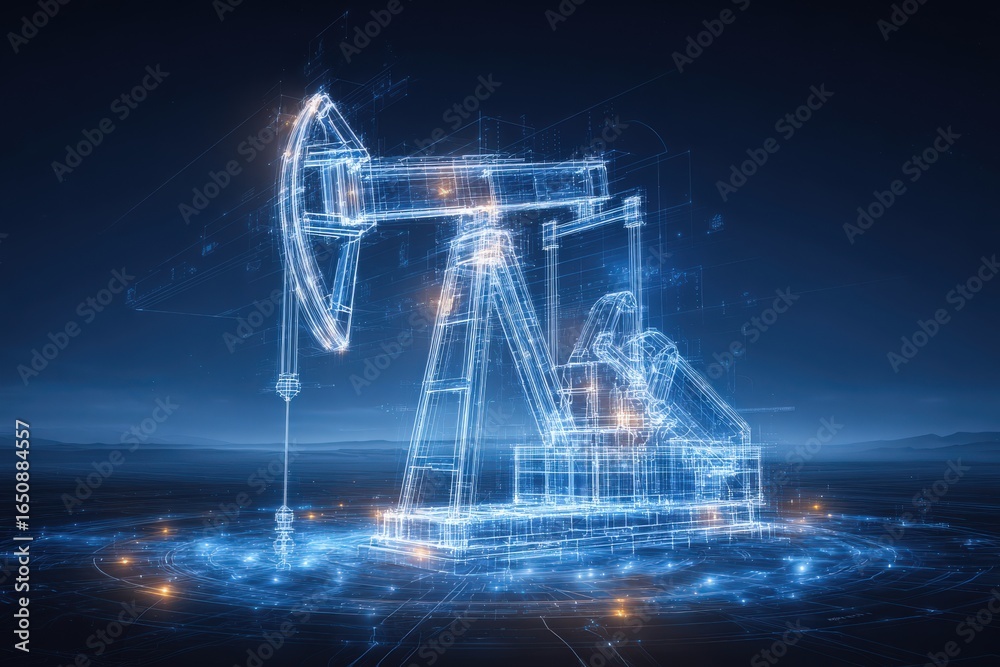 A detailed digital rendering of an oil pumpjack illuminated in blue neon lights against a dark backdrop, showcasing an advanced technological interpretation of oil extraction.