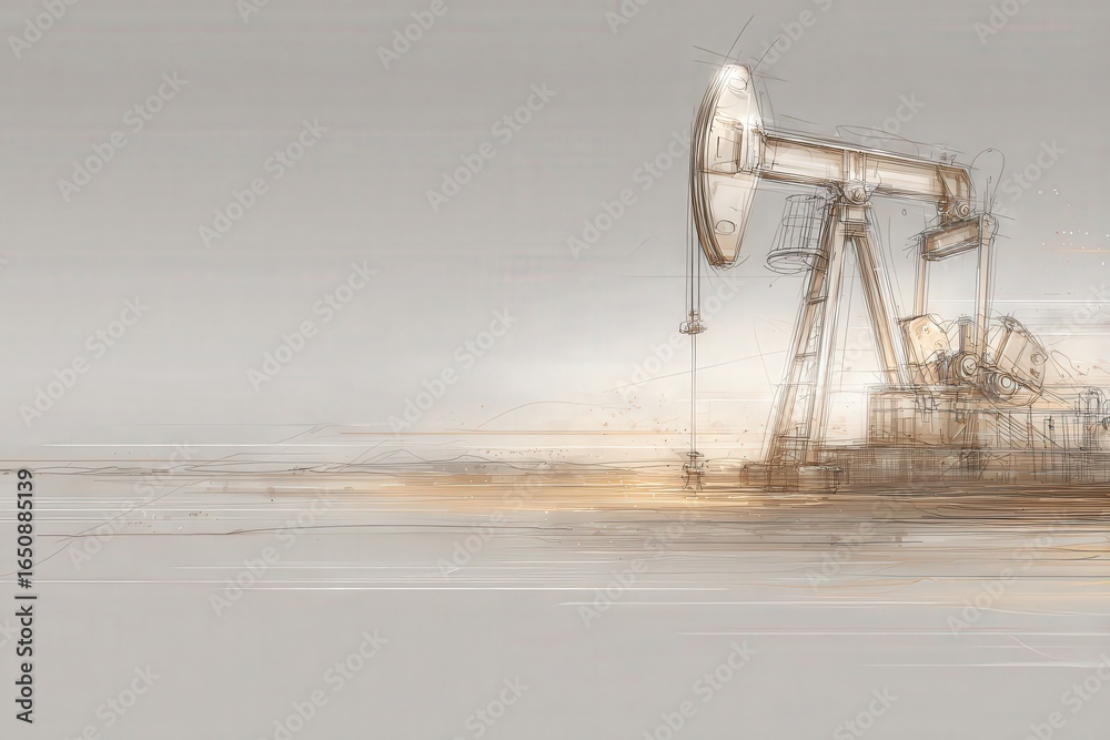 An oil pump jack stands prominently against a stylized landscape. The muted colors create a tranquil atmosphere, capturing the essence of industry and nature blending at sunset.