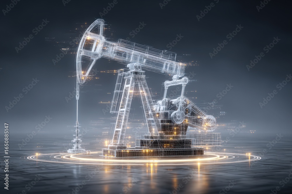 A highly detailed digital rendering of an oil pump jack stands against a dark background.