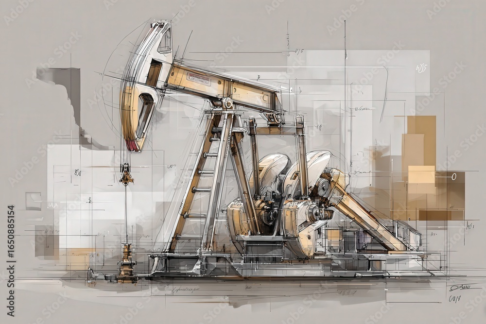 This artwork illustrates a mechanical oil pump jack, emphasizing its intricate components and engineering.