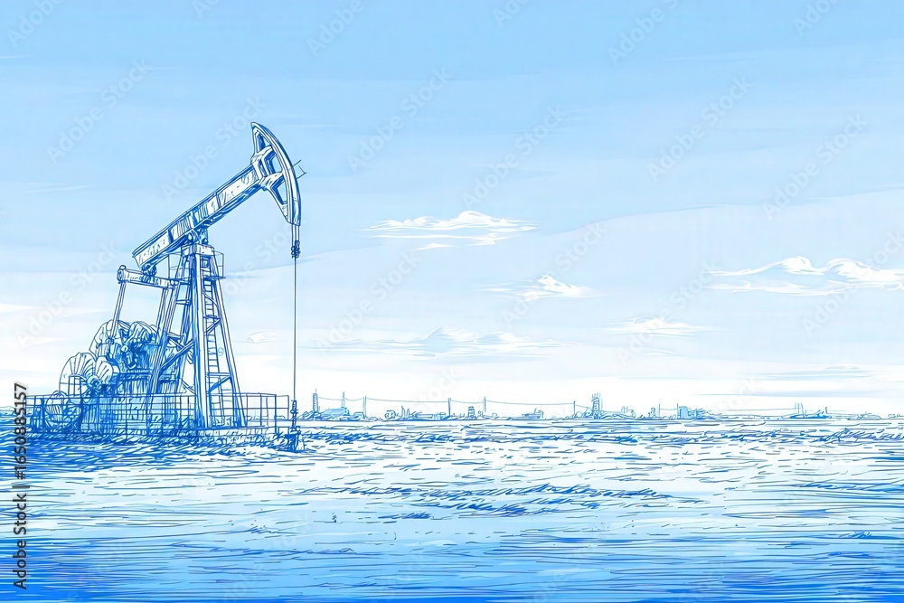 An oil drilling rig is positioned in the foreground, surrounded by a wide water expanse. The sky is clear and blue, contrasting with the industrial structure.