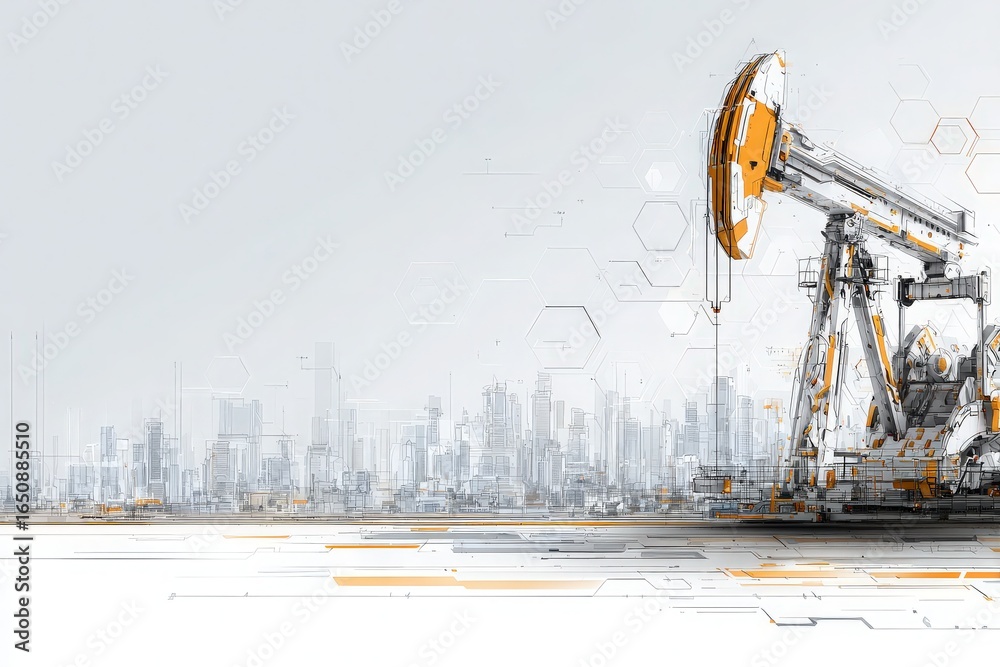 An oil drilling rig stands prominently in the foreground with a futuristic city skyline behind it. The environment features a blend of technology and industry, showcasing early morning light.