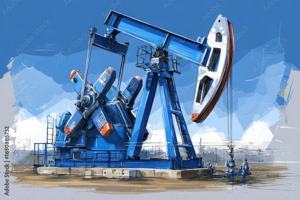 An oil pump jack works efficiently under a clear blue sky in a rural location.