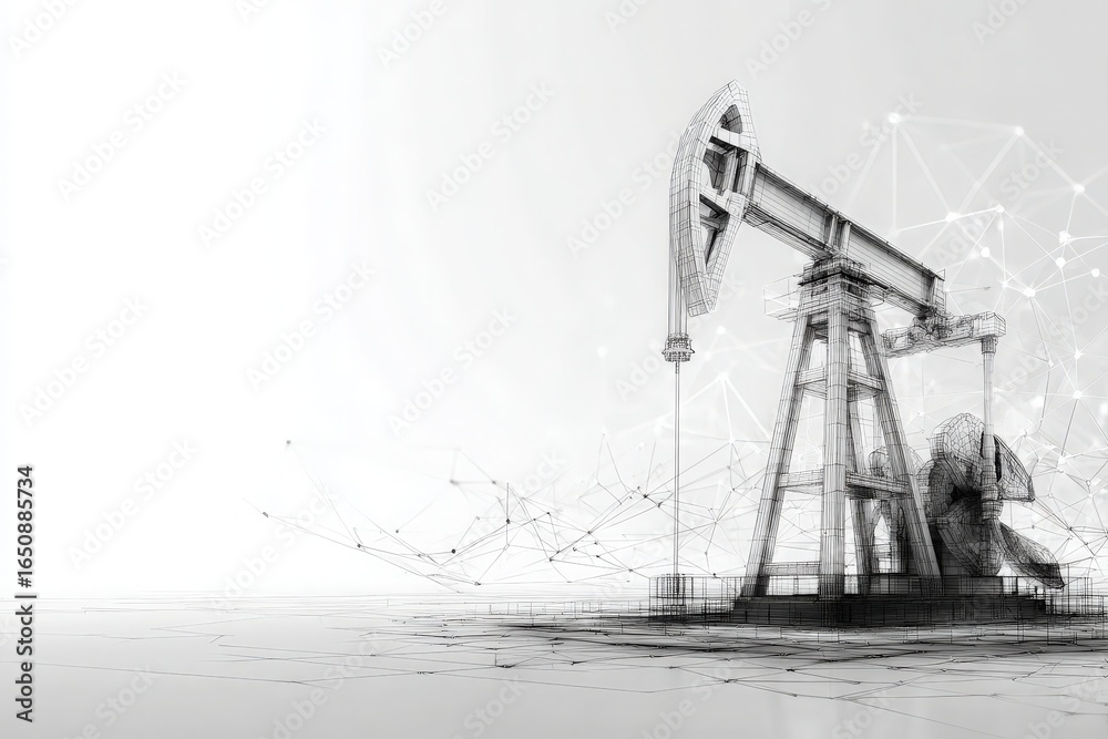 A striking illustration of an oil pump jack set against a minimalistic background.