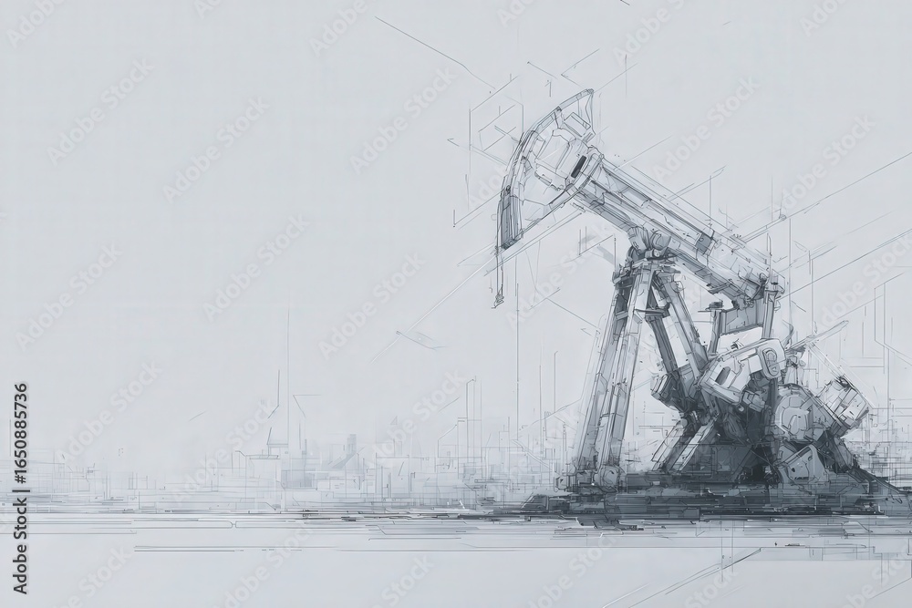 A unique illustration depicts an oil pump jack set against a minimalistic backdrop. The design features intricate lines and geometric shapes, emphasizing its industrial nature.