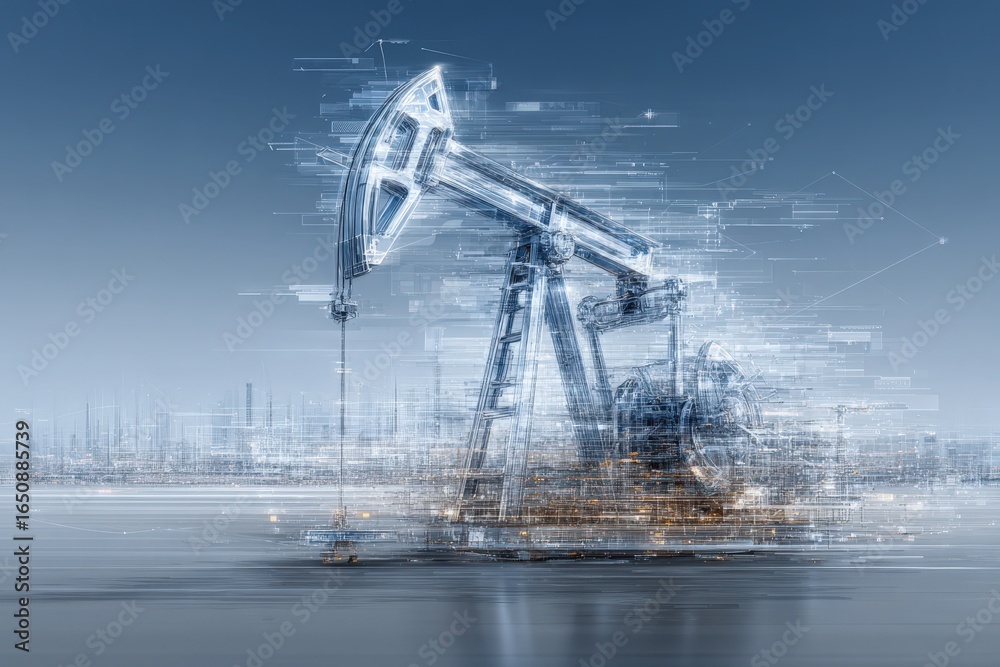 An oil pump jack operates in a technological setting at dusk, surrounded by a digitally enhanced skyline. Its structure glows with activity, symbolizing energy production and industrial advancement.