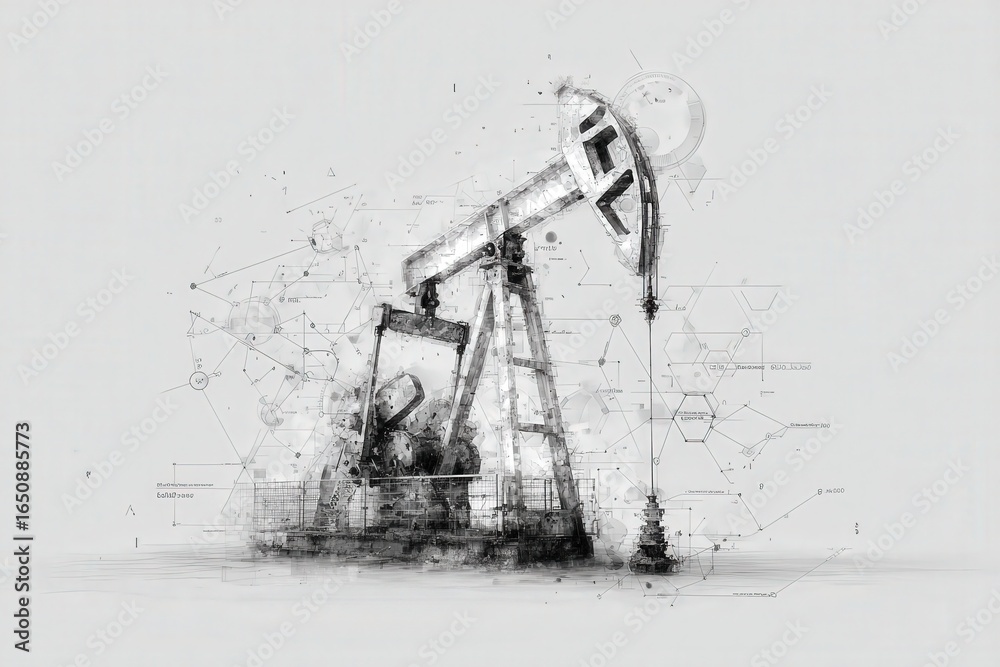 An oil pump jack is actively extracting crude oil in a digital landscape filled with scientific diagrams and data points.