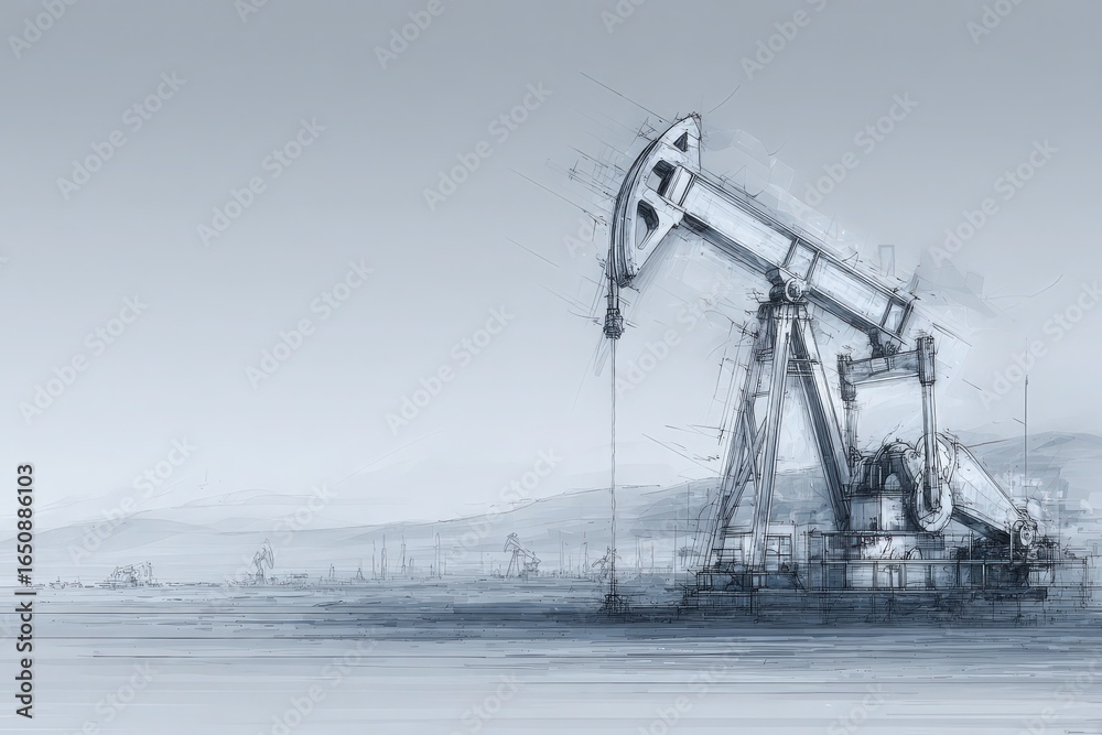 An oil drilling rig stands prominently in a serene coastal setting, silhouetted by a soft twilight glow.