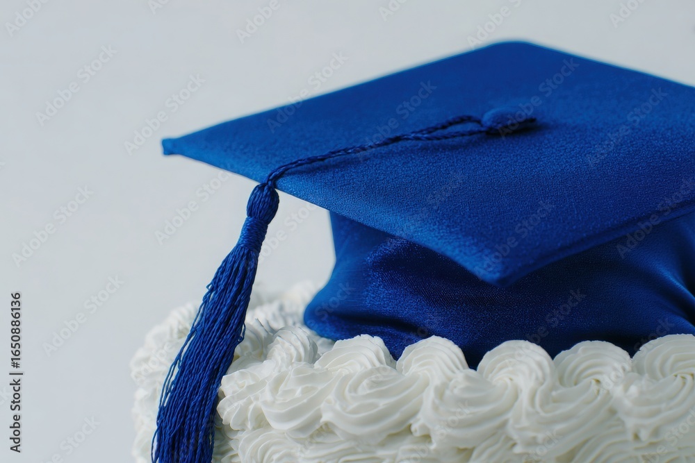 A decorated cake adorned with a blue graduation cap and tassel sits on a neutral backdrop. The cap symbolizes academic achievement and is perfect for graduation celebrations.