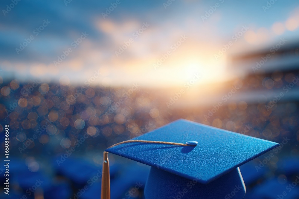 A blue graduation cap rests in the foreground, with a blurred stadium in the background. The setting sun creates a golden glow, framing this moment of achievement and celebration.