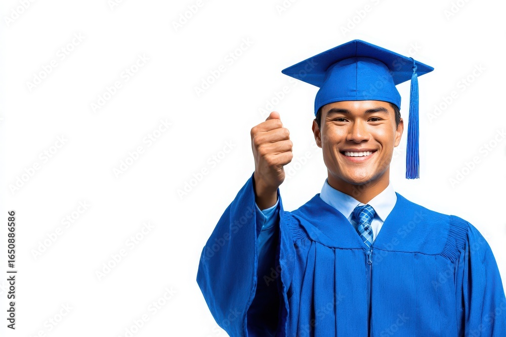 A young man wearing a bright blue graduation cap and gown flashes a thumbs up while smiling broadly. He appears joyful and proud after completing his studies, radiating happiness and achievement.