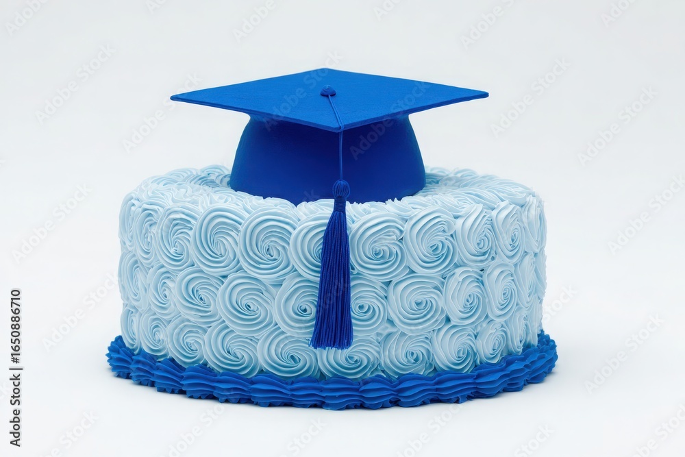 A beautifully decorated cake features light blue frosting with intricate swirls. Atop the cake sits a blue graduation cap, symbolizing achievement and celebration for a graduation event.
