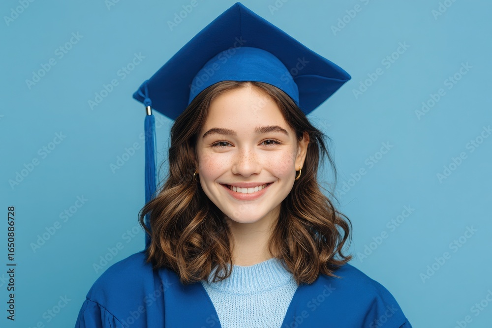 A young woman smiles widely while wearing a blue graduation cap and gown. The background is a solid light blue, creating a cheerful and celebratory atmosphere for her accomplishment.