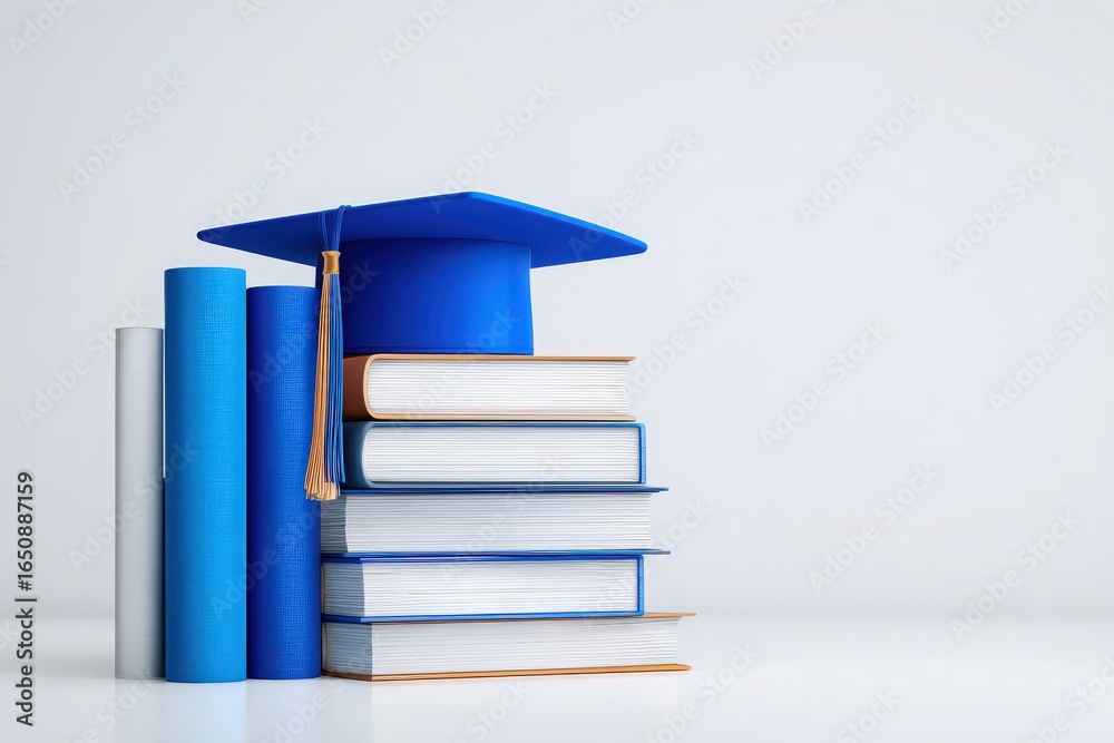 A blue graduation cap sits on a stack of books in various colors, symbolizing academic achievement. The setting is minimalistic, highlighting the importance of education and learning.