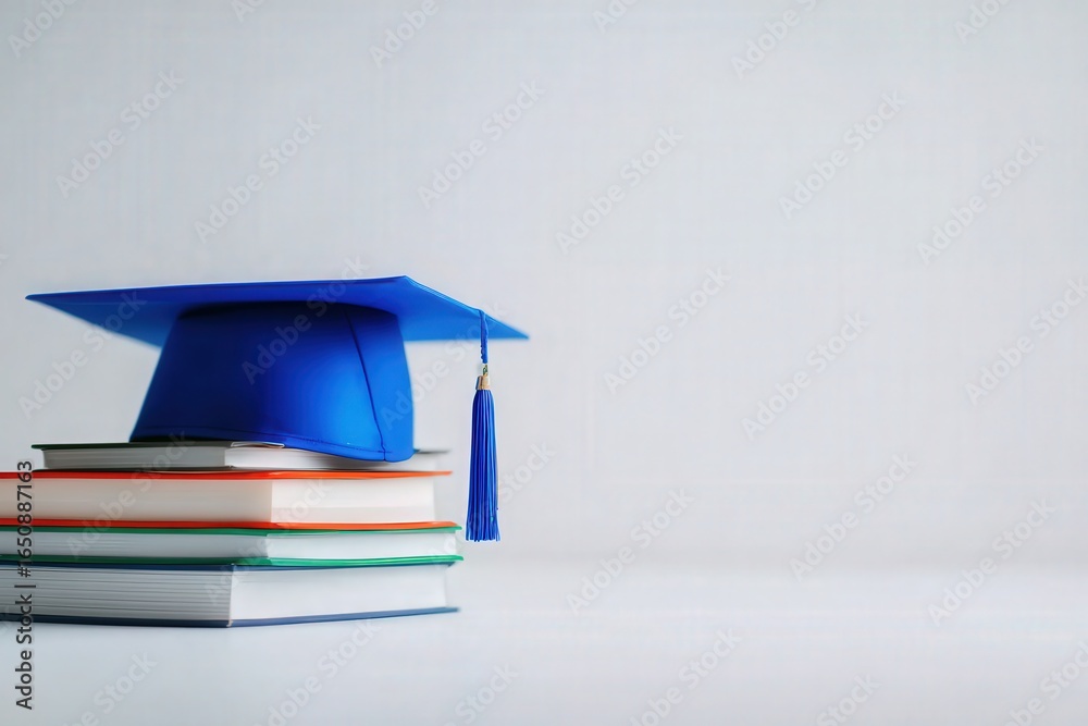 A bright blue graduation cap rests atop several stacked books, showcasing a minimalist arrangement. The background is simple, emphasizing the colors and materials of the objects.