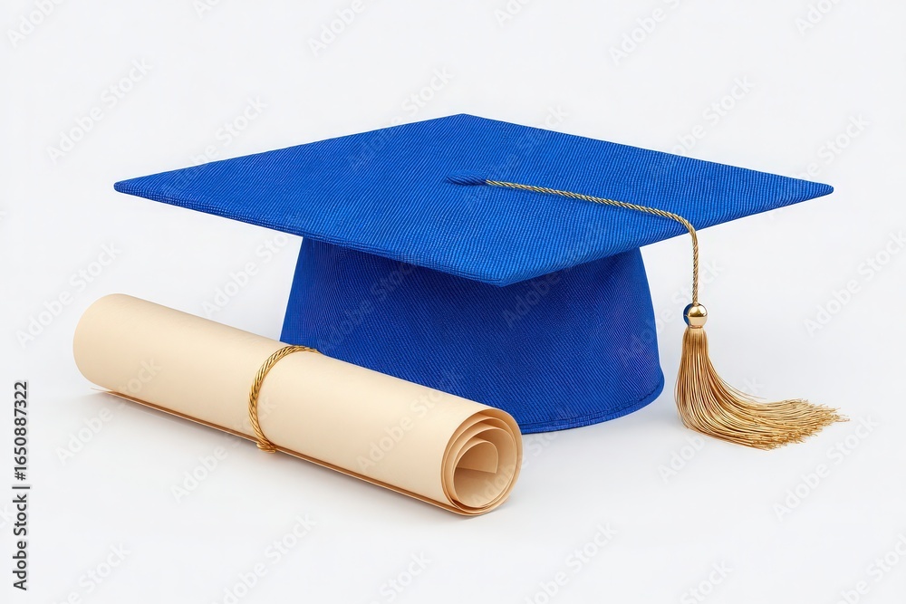 A vibrant blue graduation cap rests beside a rolled diploma secured with a string. This setup represents educational milestones and achievements, highlighting the pride of graduation.