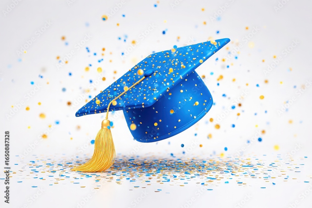 A vibrant blue graduation cap hangs in mid-air surrounded by a shower of yellow and blue confetti. This festive moment captures the joy of academic accomplishment and celebration.