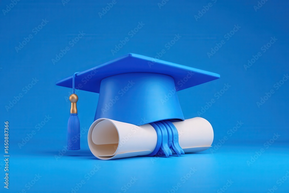 A blue graduation cap sits atop a rolled diploma tied with a ribbon against a vibrant blue background, symbolizing educational achievement and celebration of accomplishments.