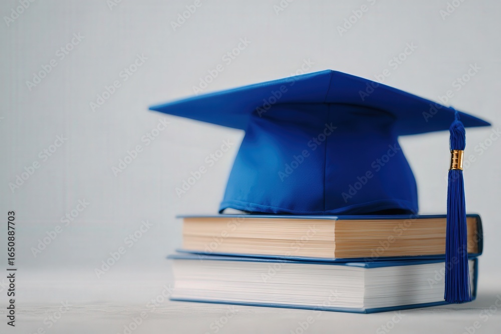 A blue graduation cap sits atop a stack of three books, highlighting academic success and the importance of education. The setting is simple with a neutral background.