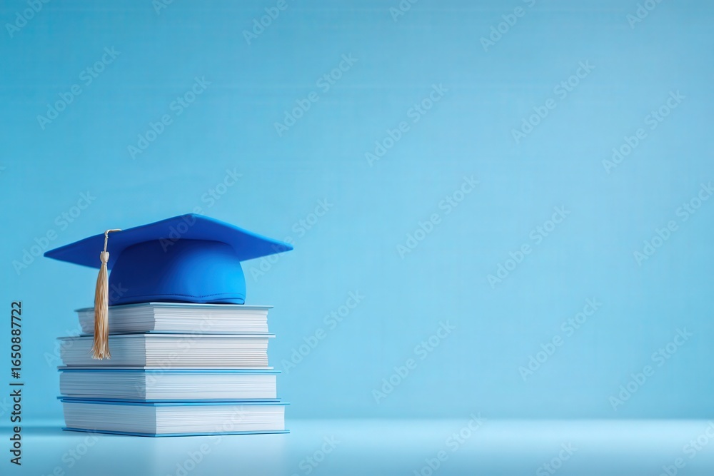 A blue graduation cap with a tassel rests on a neatly arranged stack of books. The backdrop is a solid light blue, symbolizing knowledge and education in a minimalist style.