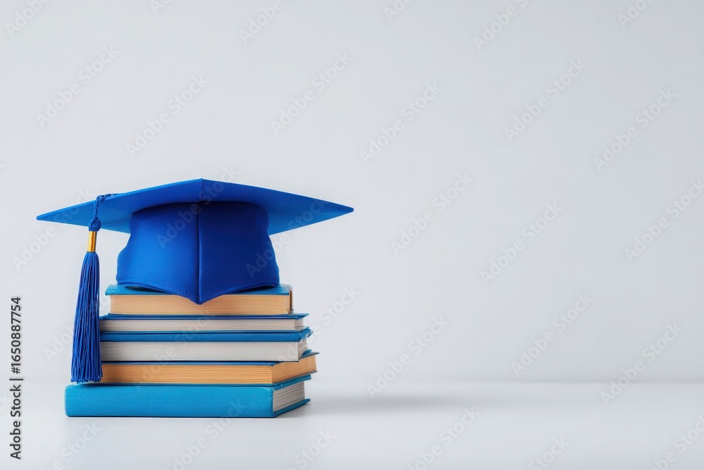 A vibrant blue graduation cap rests atop neatly arranged books in a clean, minimalistic environment, symbolizing academic success and the journey of education.