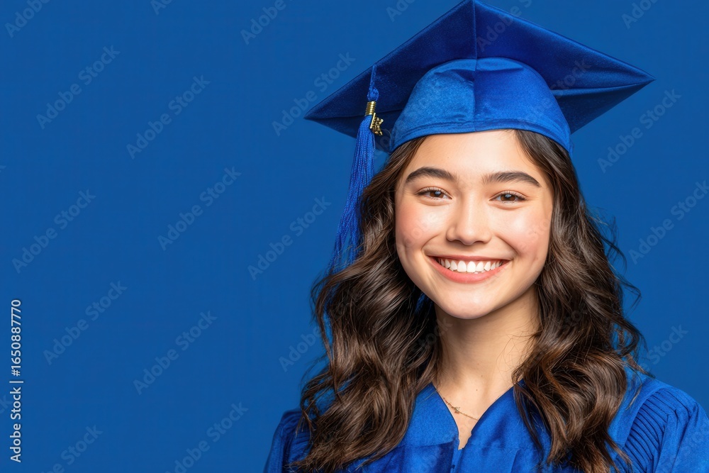 A young woman smiles widely as she celebrates her graduation. She wears a blue cap and gown, set against a solid blue background, conveying the joy and pride of this milestone moment.