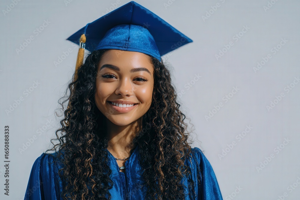 A young woman stands confidently with a smile, wearing a blue graduation gown and cap.