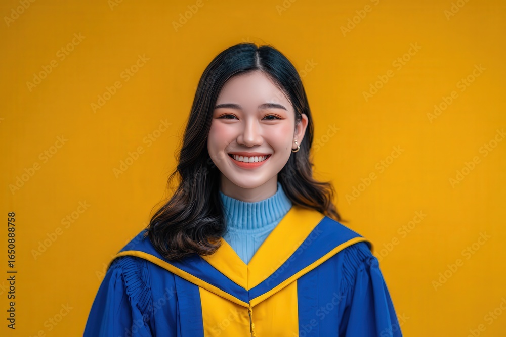 A cheerful young woman poses in a blue and yellow graduation gown, radiating joy. The bright yellow background enhances her smile, capturing the excitement of her academic achievement.