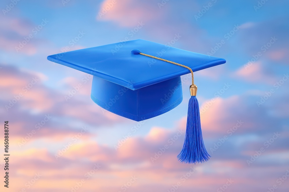 The image features a blue graduation cap floating in the air against a backdrop of a pastel-colored sky. The setting captures a serene moment at sunset, symbolizing achievement.