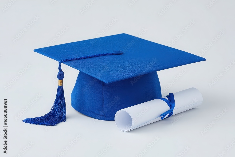 A bright blue graduation cap with a tassel rests beside a rolled diploma secured with a blue ribbon. This arrangement signifies academic achievement and the joy of graduation.
