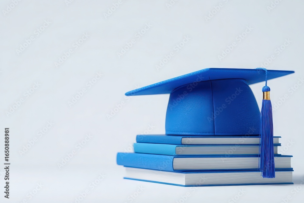 A blue graduation cap rests on a stack of blue-covered books, representing academic success and the culmination of years of hard work.