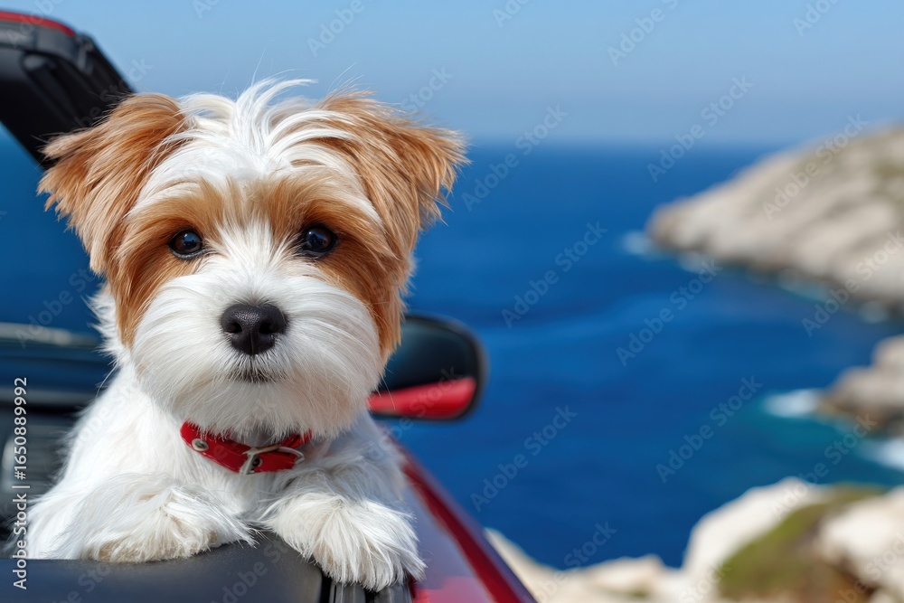 A small dog leans out of a car window, gazing at the beautiful ocean scene. The sky is clear and blue, and rocky cliffs frame the sparkling water in the background, creating a perfect day.