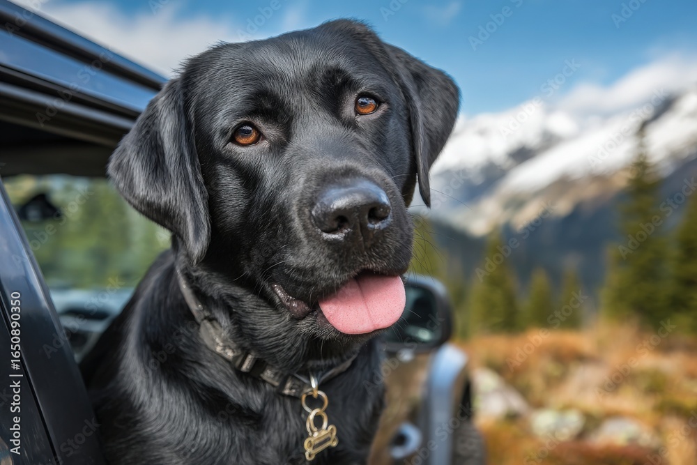 A black Labrador dog leans out of a car window, gazing into the picturesque mountains. The lush greenery and snowy peaks create a perfect backdrop for this joyful moment in nature.