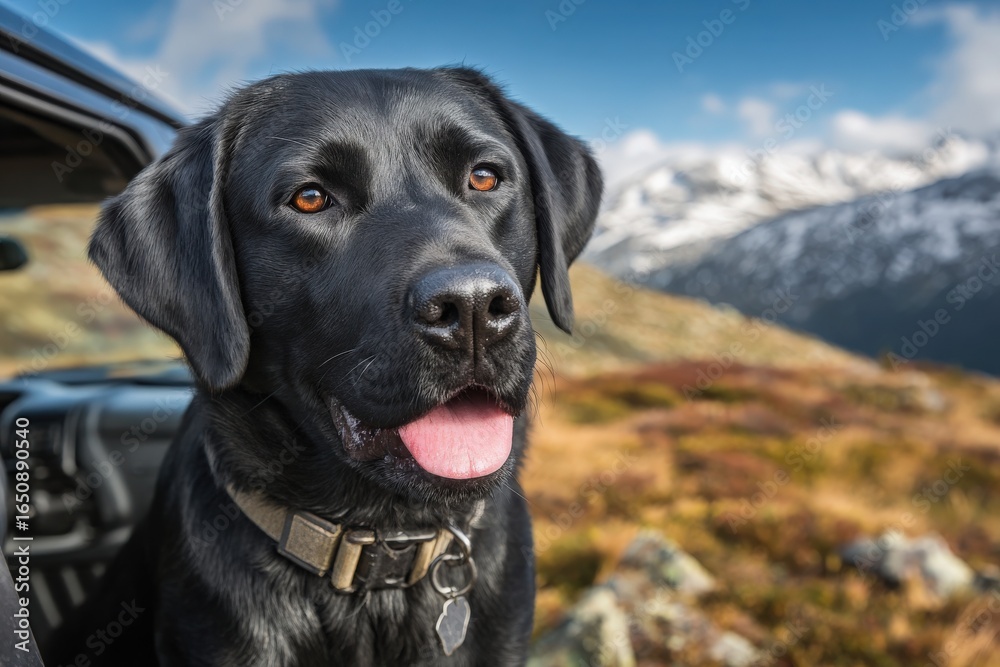 A black Labrador sits happily by an open car door, gazing at the stunning mountain landscape. Bright blue skies contrast with the warm autumn colors of the ground and hills.