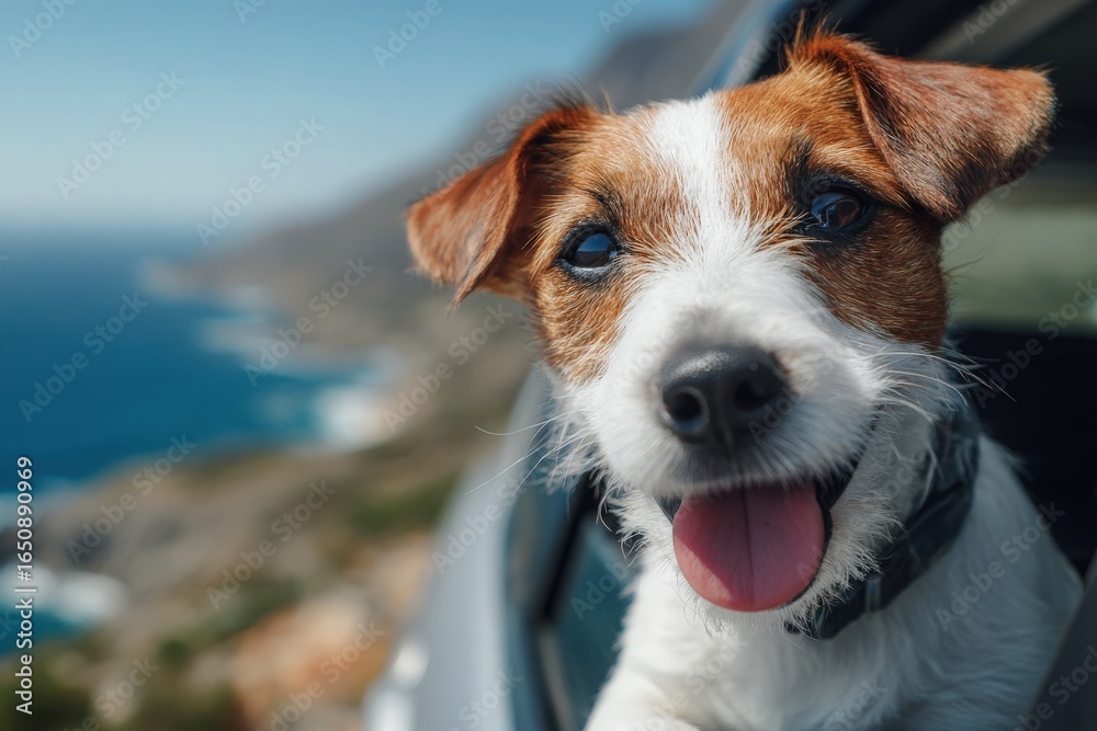 A cheerful dog leans out of a car window, enjoying the breeze and sunlight. In the background, the vast ocean and mountainous coastline create a stunning view, highlighting a perfect day outdoors.