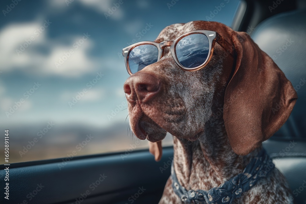 A dog with a sleek coat and stylish sunglasses sits in a car, gazing outside at the vibrant scenery. The suns rays illuminate the scene, creating a joyful and carefree atmosphere.